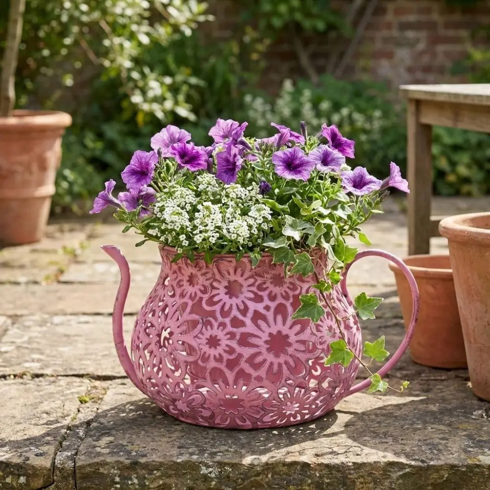 Pots fleurs vintage métal rose beige bleu clair vert marron noir fleurs découpées poignées