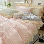 ensemble literie rose doux carreaux beige volants taies oreiller couvre lit romantique ultra frais