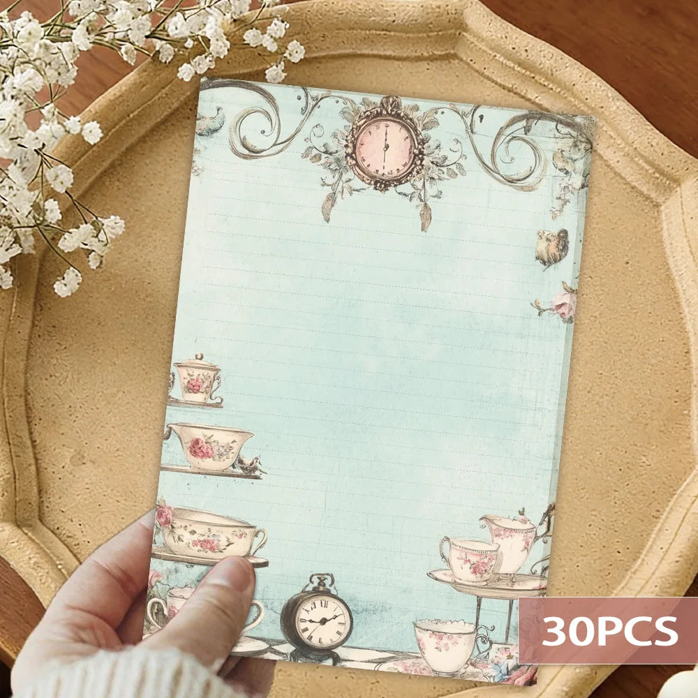 papier lettre vintage bleu clair motif horloges thé fleurs romantique ligné 30 feuilles