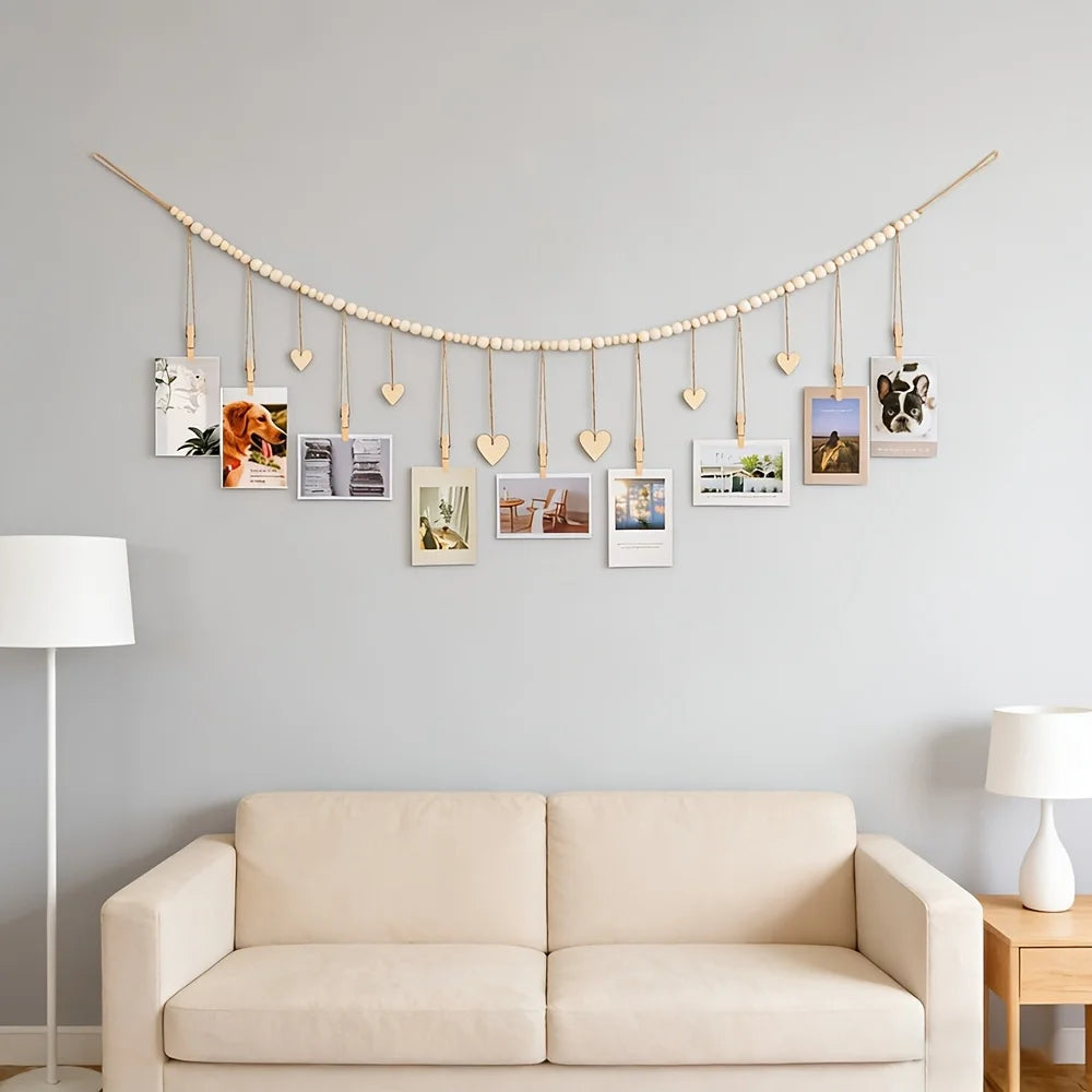 guirlande bois photos suspendues cœurs pinces rustic bohème décoration mur
