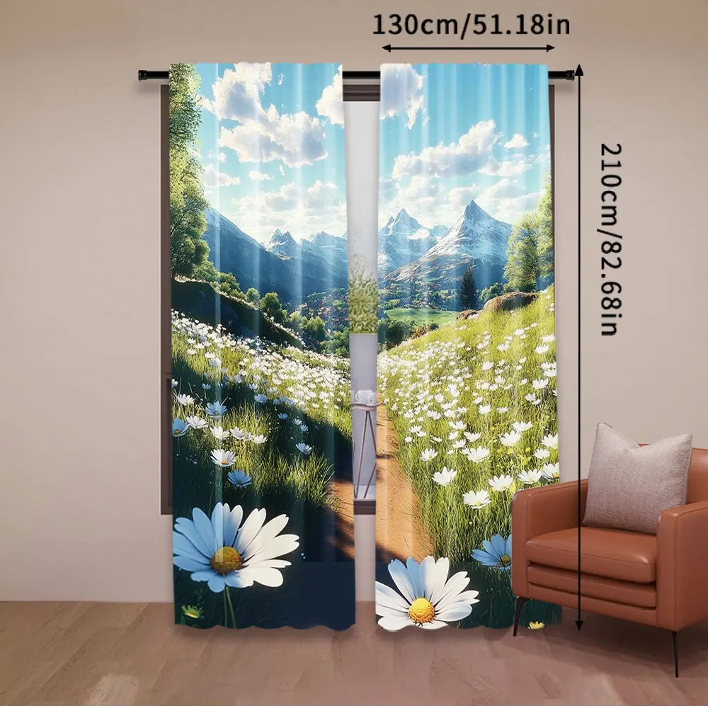 rideau pastoral opacité bleu blanc vert gris pièces 100% polyester paysage marguerites nuages herbe