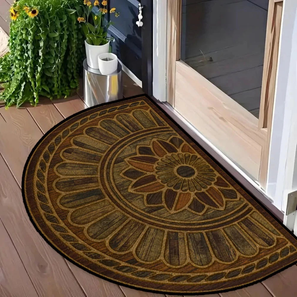 tapis d'entrée motif floral noir marron clair bordure dentelée antidérapant intérieur extérieur
