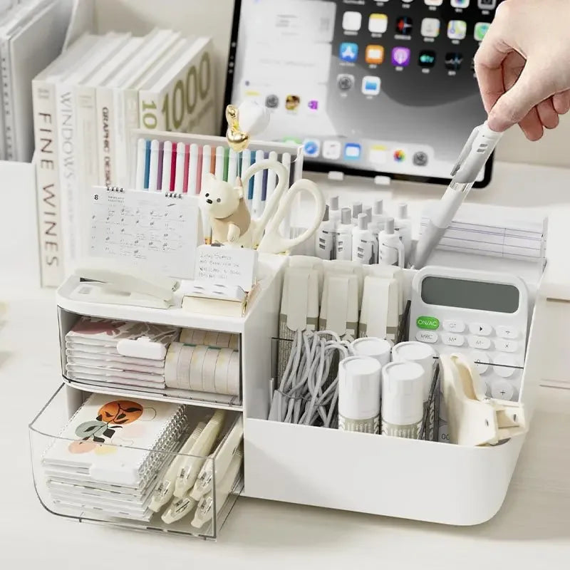organisateur blanc minimaliste moderne compartiments transparents stylos calendrier papier kawaii multifonctionnel