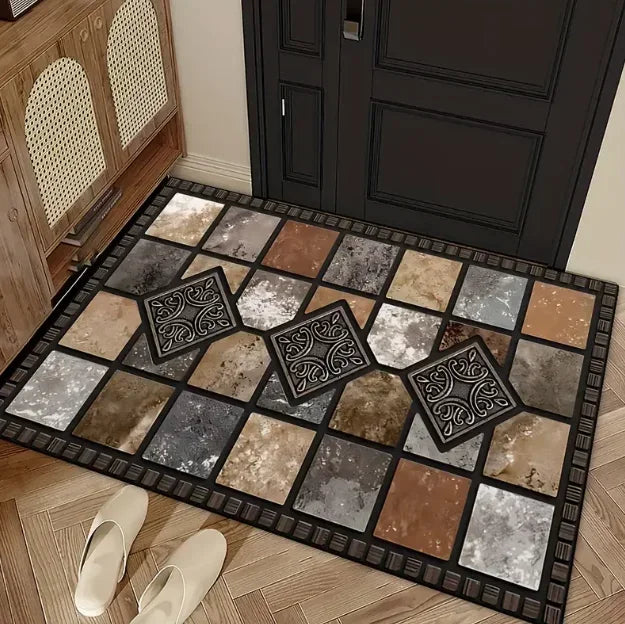 tapis d'entrée moderne marron beige texture pierre lettrage welcome résistant rides