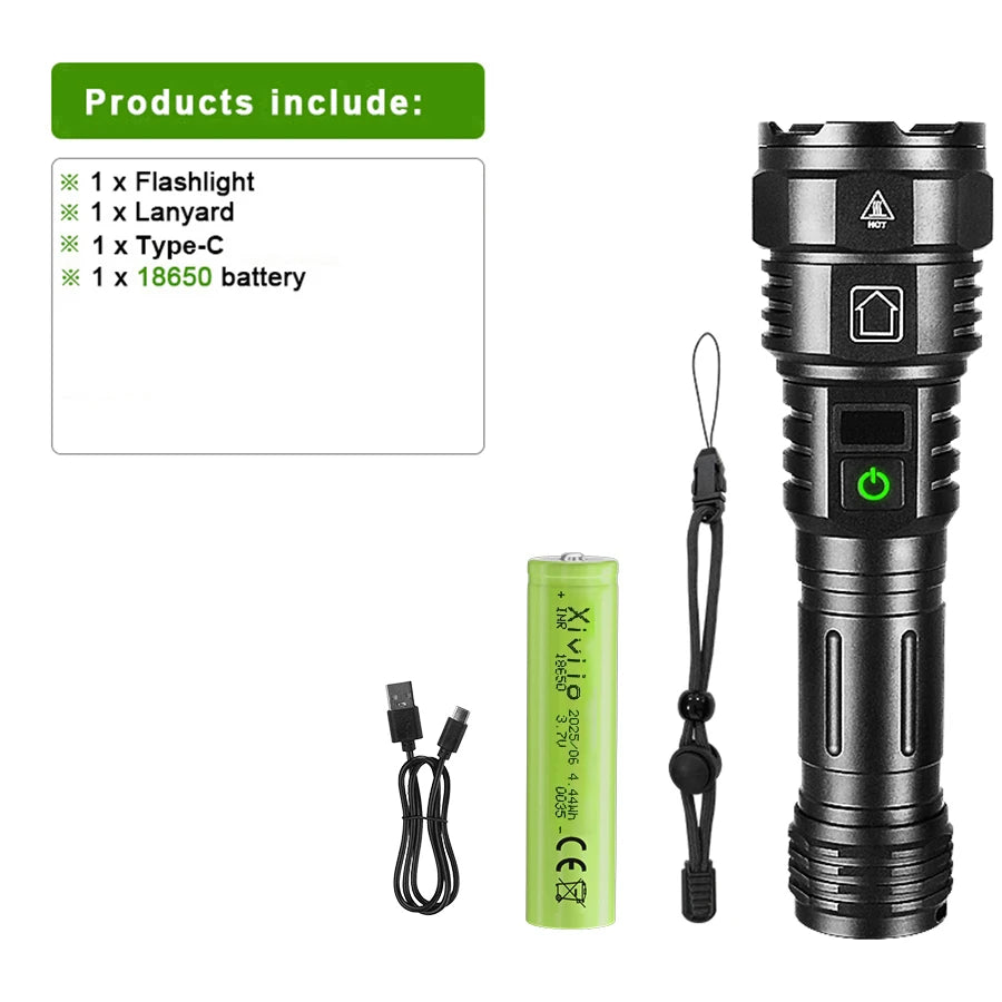 lampe torche noire led 98w modes rechargeable usb type robuste camping