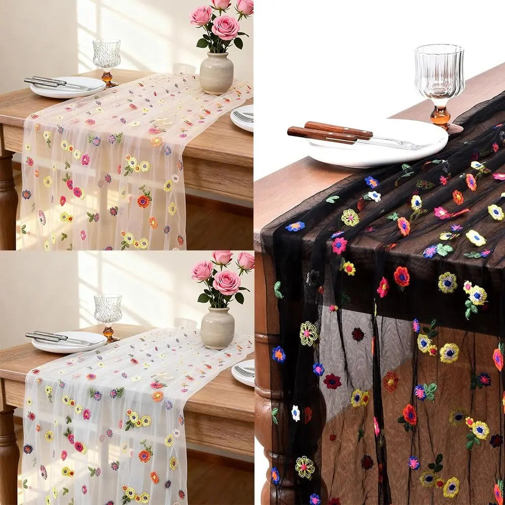 nappe transparent tulle fleurs brodées table manger décoration champêtre pâques fête couleurs variées