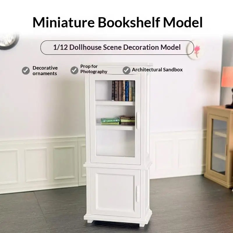 meuble miniature blanc classique maison poupée bibliothèque armoire porte transparente tiroir horloge livresDecoration intérieure