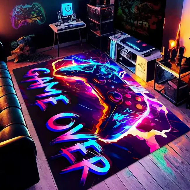 tapis gamer graphique moderne noir multicolore manettes jeu salon chambre