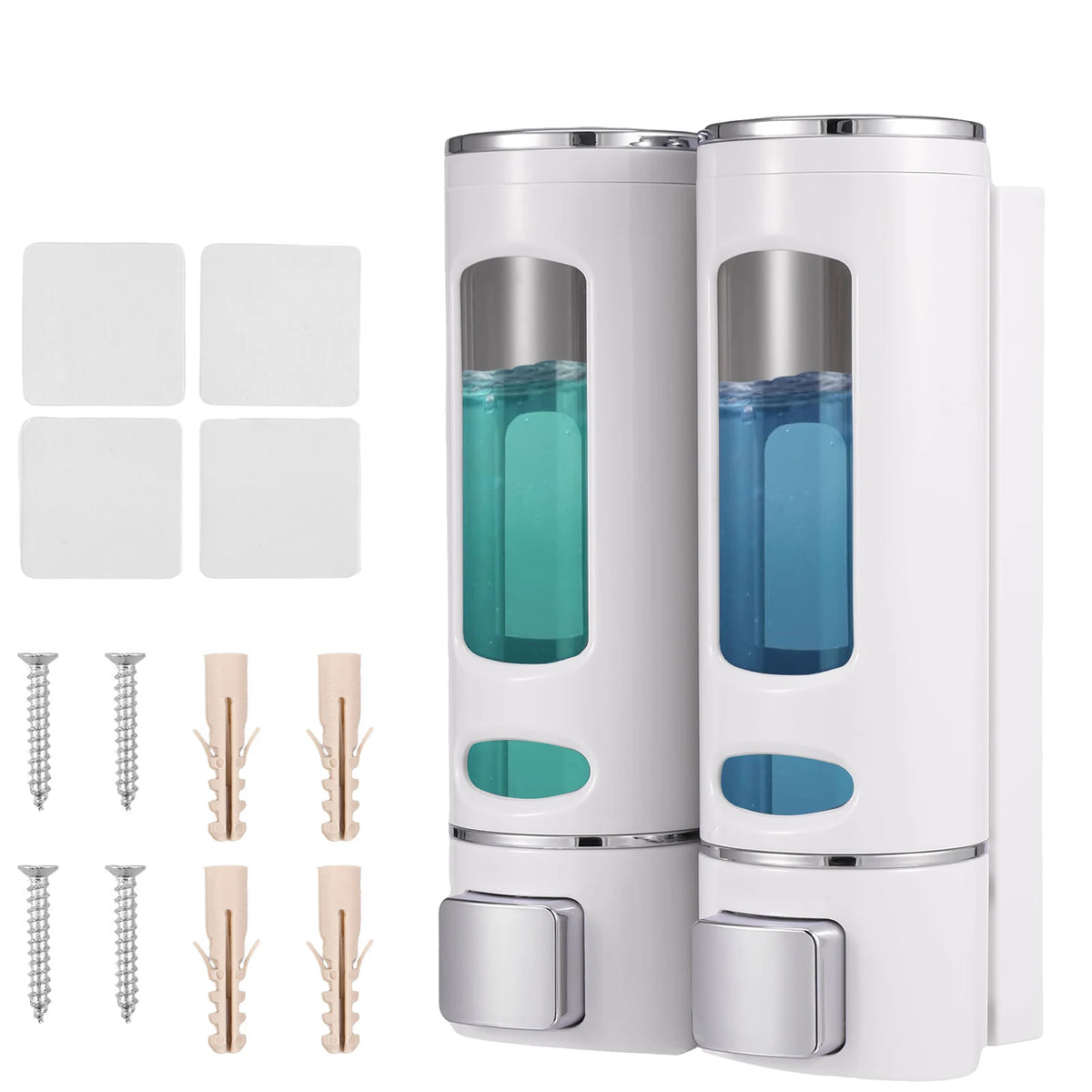 distributeur savon liquide moderne blanc gris bleu vert transparent vis fixations salle bain