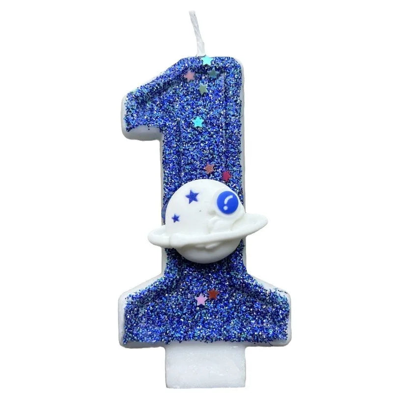 bougies numéraires bleu pailleté motif étoiles thème espace anniversaire mariage fiançailles tringle