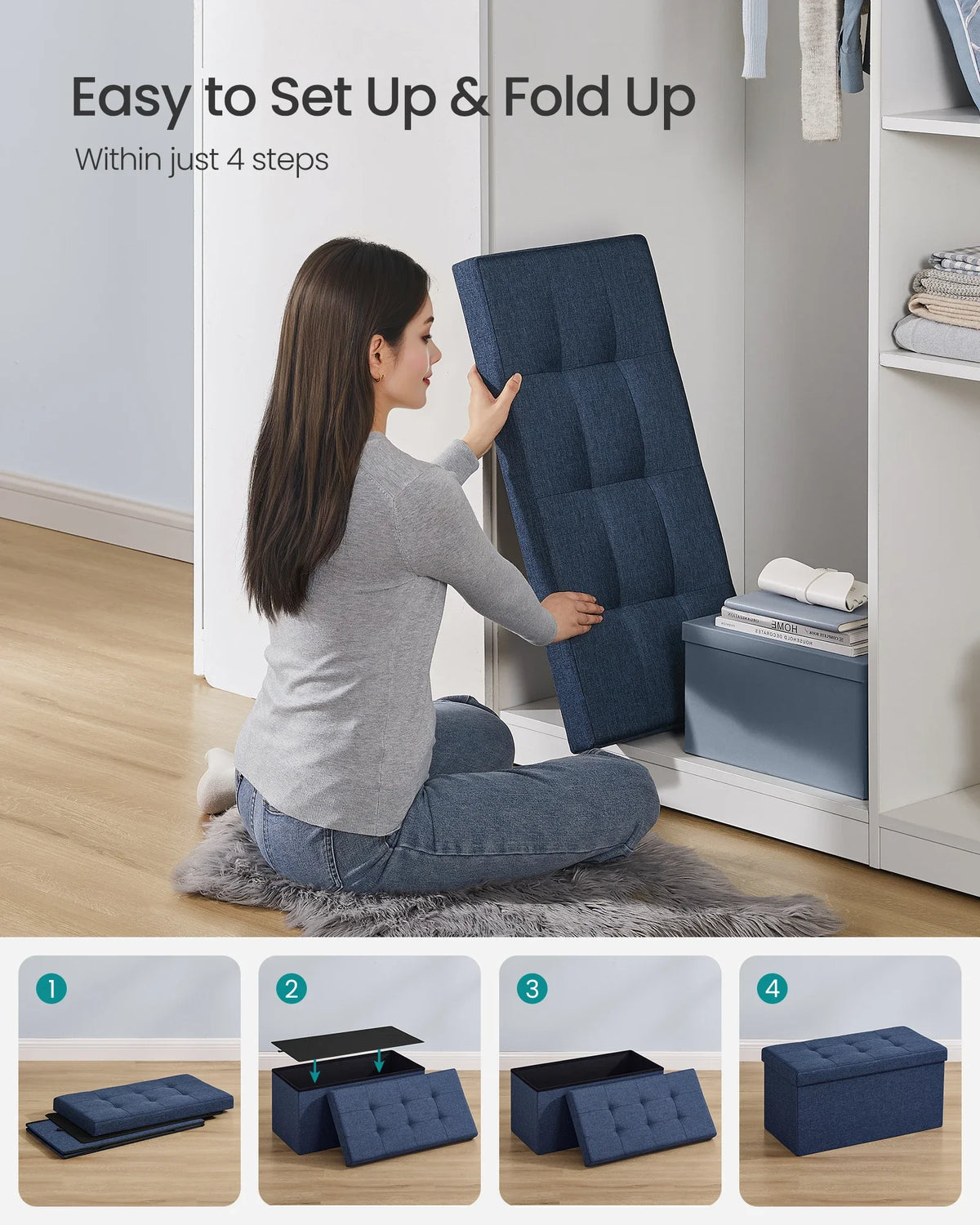 banquette rangement pliable bleu marine tissu boutons carrés moderne intérieur confortable