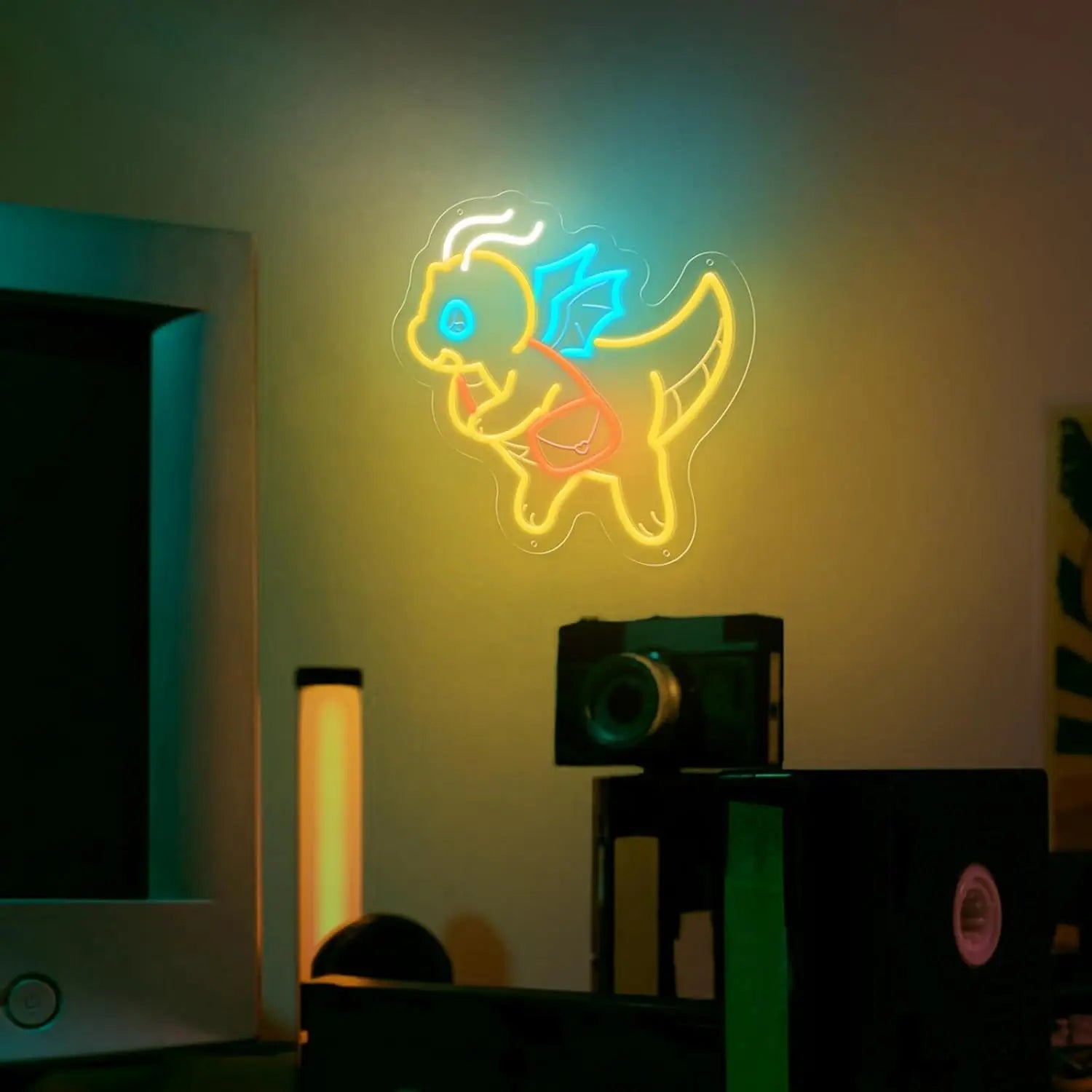 Lampe néon dinosaure avec variateur d'intensité USB en action
