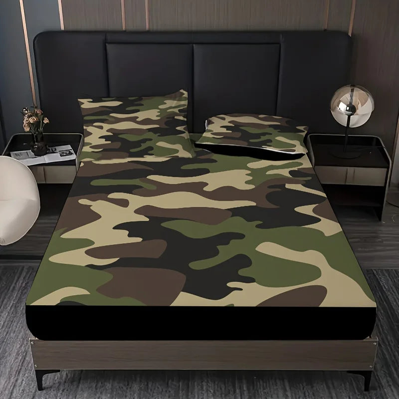 draps housses camouflage vert marron moderne lit imprimé polyester 100% sérigraphie qualité chambre coucher