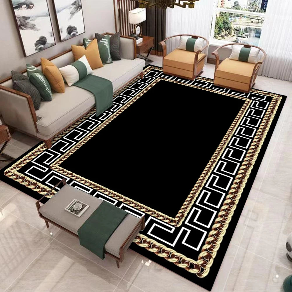 tapis salon moderne noir blanc motif géométrique doré luxe décoration maison chambre élégant