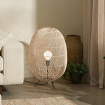 lampe sol moderne rattan tressé beige clair pieds noirs câble noir 11 15w led