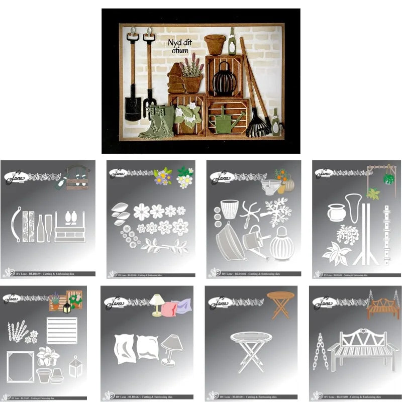 découpe papier scrapbooking fleurs bancs table chaises lanterne arbres pommes oiseaux arches végétales motifs