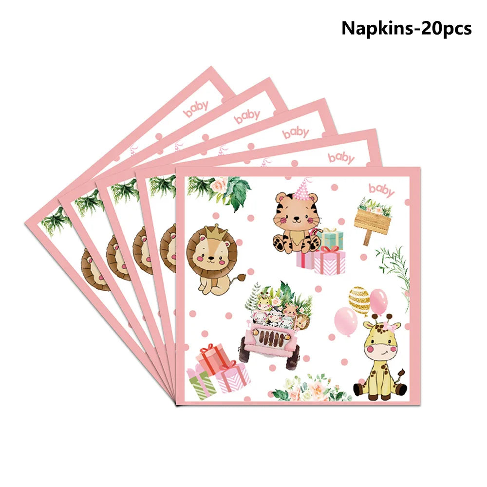 décoration anniversaire thème jungle animaux rose serviettes papier assiettes guirlande happy birthday nappe aquarelle