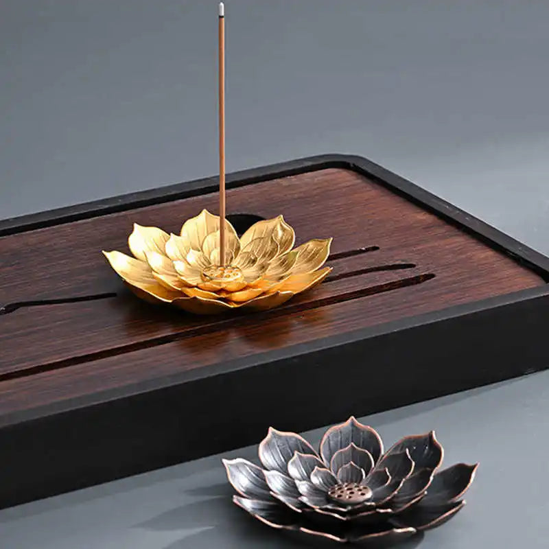 support encens fleur lotus noir doré artisanal salon zen brûleur aromathérapie deco maison