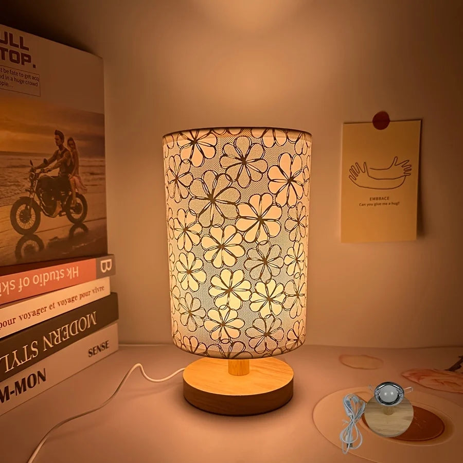 lampe table moderne blanc beige bois fleurs découpées câble usb interrupteur minimaliste chambre table