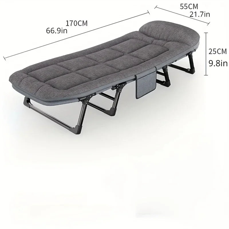 lit pliant moderne chaise longue grise tissu texturé structure métallique pliante coussins géométriques sacoche