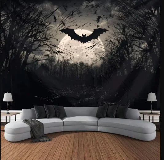 tapisserie murale silhouettes chauves souris nuit arbres dénudés noir blanc gris contemporaine