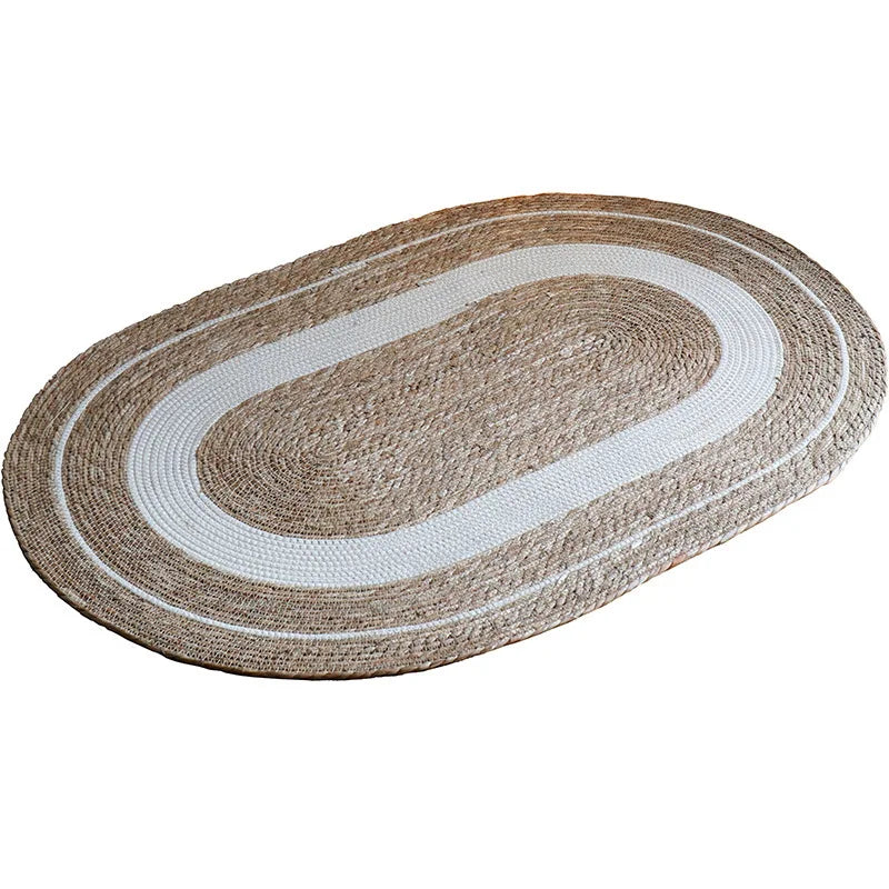 tapis ovale jute rayures blanches naturel rustique salon chambre