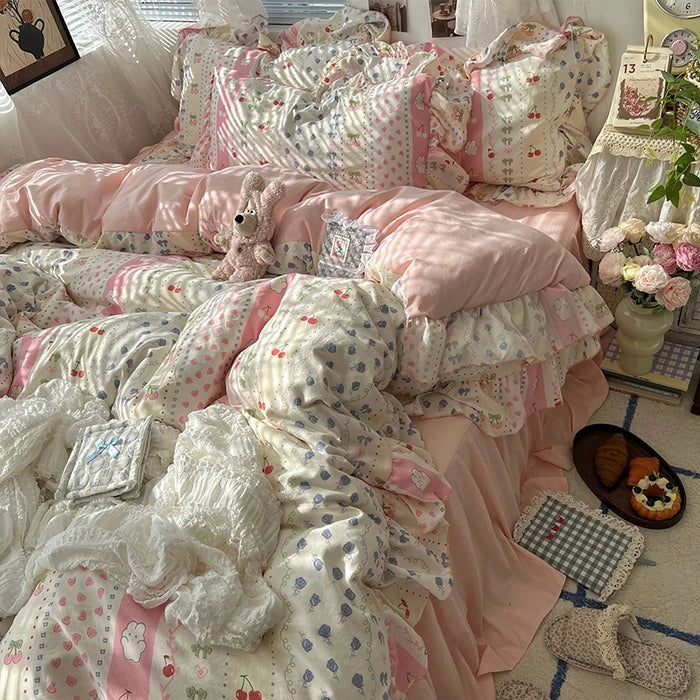 parure lit complète fleurs vintage princesse housse couette drap taies oreillers