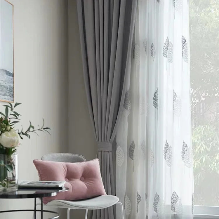rideau tulle feuilles stylisées blanc gris moderne fenêtre 100cm 200cm clips