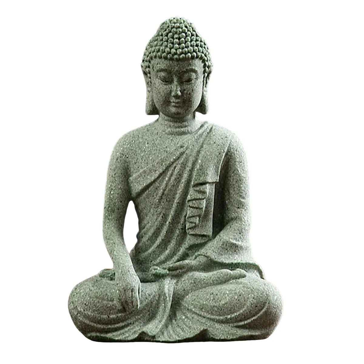 statuette bouddha assise gris vert texture pierre zen minimaliste abstraite galets mousse plateau noirscriçãopta