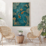 tableau moderne oriental poissons libellules feuilles lotus couleur bleu doré beige sans cadre