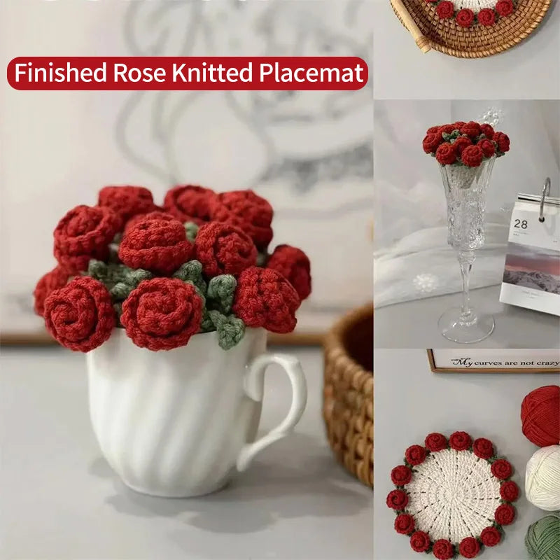 placemat motif floral roses blanches rouges vert artisanal table décoration