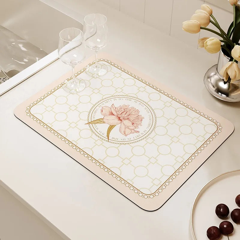 tapis cuisine séchage vaisselle diatomée rectangulaire motif fleurs moderne beige noir élégant