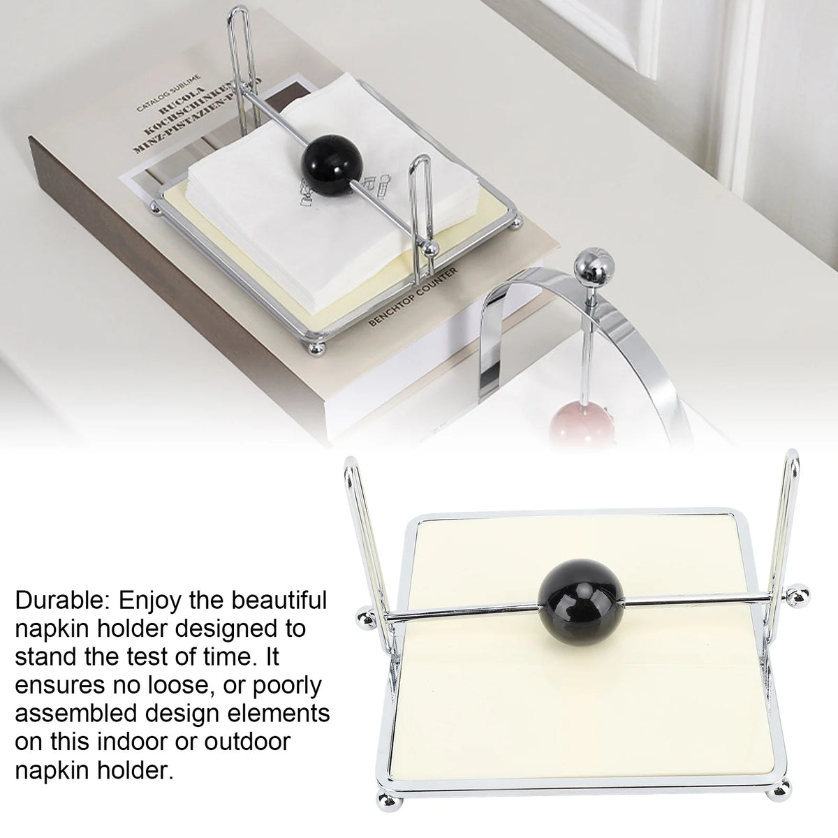 support serviettes moderne argenté structure métallique brillante plateau plastique mat stable minimaliste
