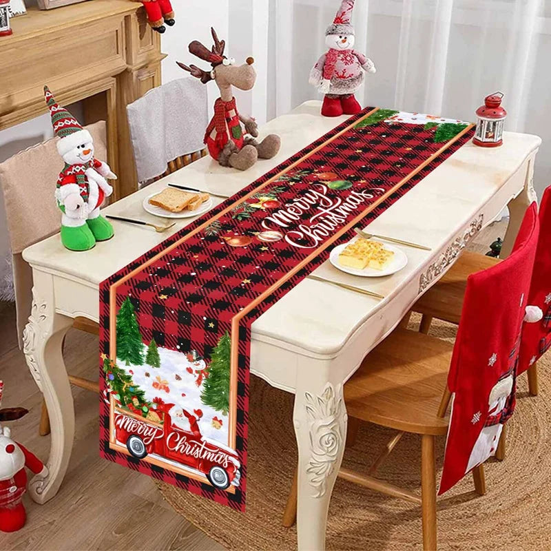 changement saison décoration noël chemin table flocons neige santa clause forêt cerfs motifs géométriques