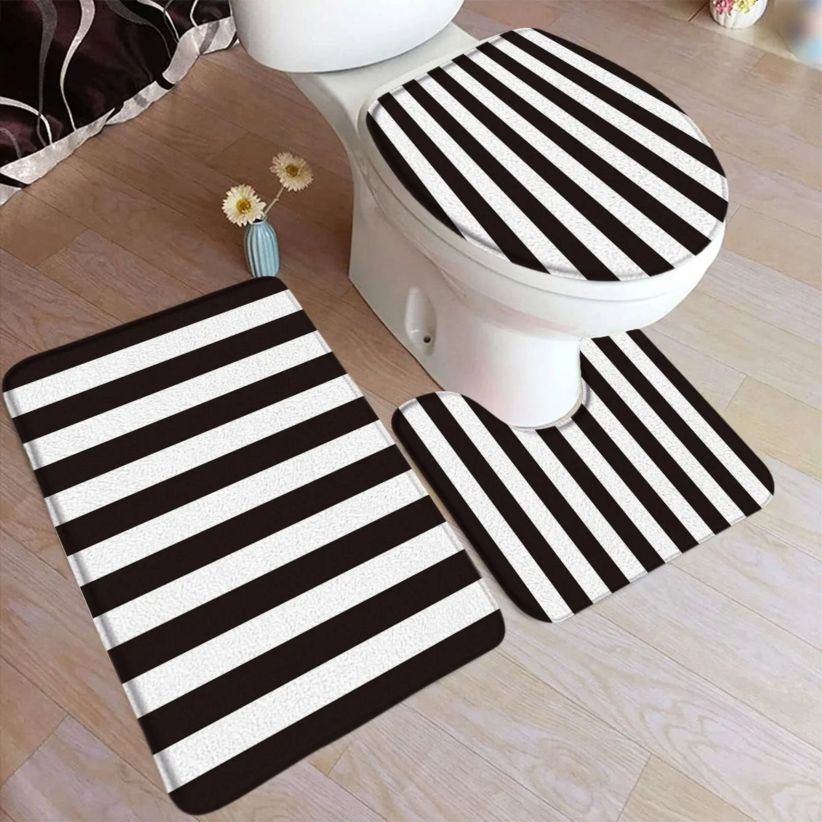 tapis bain moderne ensemble noir blanc adhésif tapis sol couvercle toilette minimaliste respectueux environnement