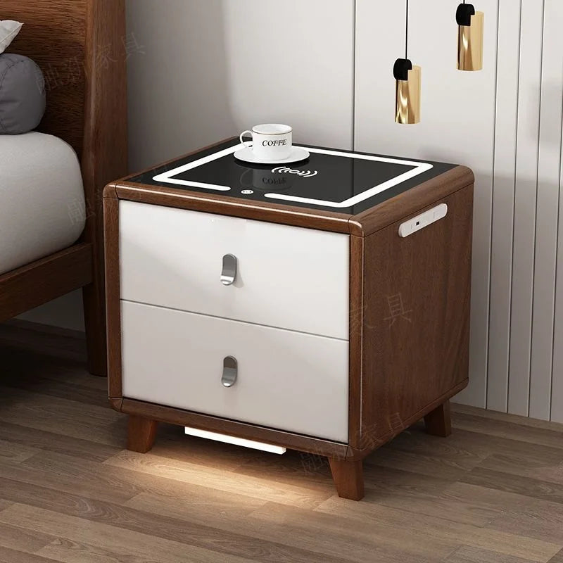 table nuit moderne bois blanc marron poignées métalliques chargeur sans fil