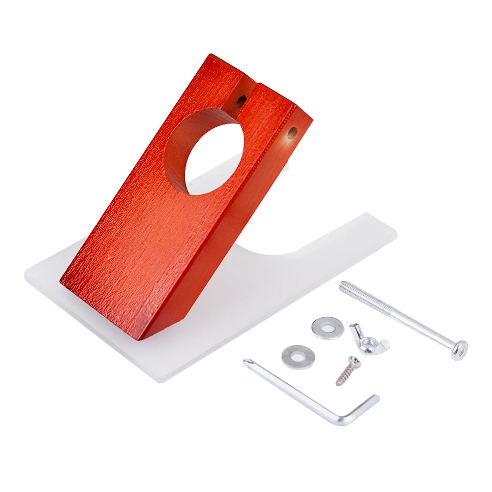 support outil électrique rouge bois clair doré bleu base transparente industriel visserie allen tige