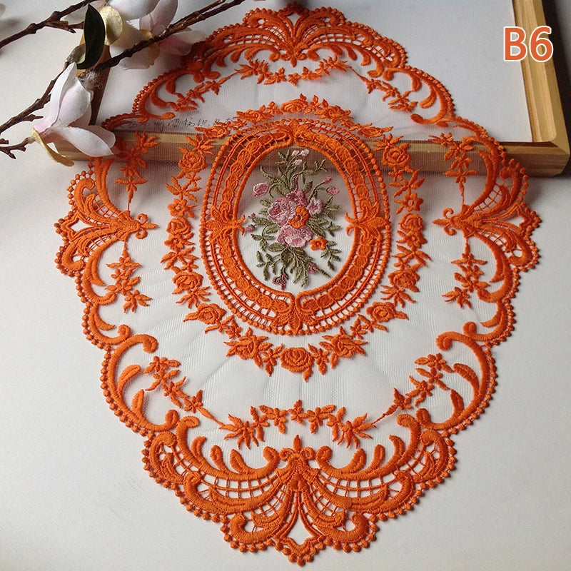 serviettes table brodées florales dentelle vintage blanc beige orange 30x43cm