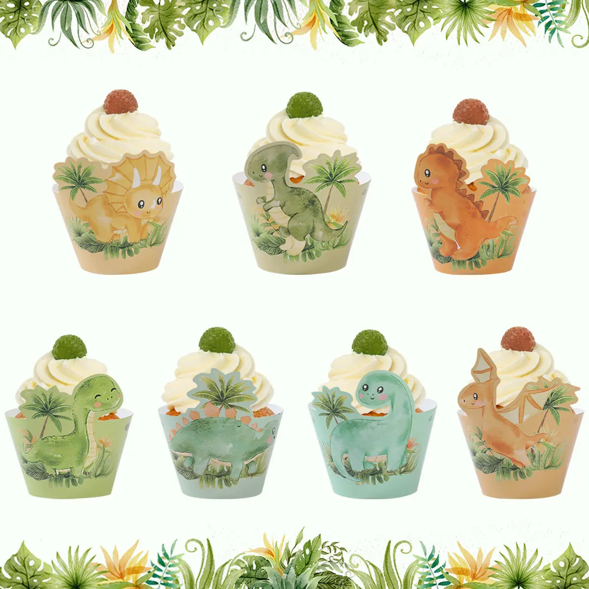 supports cupcakes dinosaures palmiers happy birthday assiettes gobelets sacs cadeaux vert orange blanc enfants