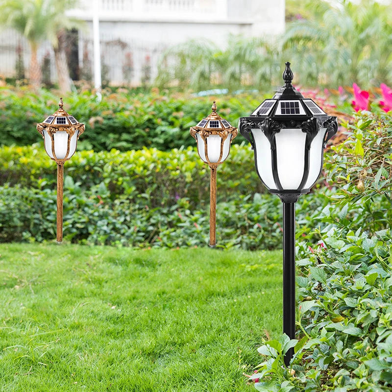 lampe solaire extérieure or noir classique ornements dorés panneaux solaires pied métallique autonomie led