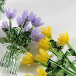 bouquet artificiel violet jaune vert blanc bleu orange feuilles vertes miniature vase transparent six