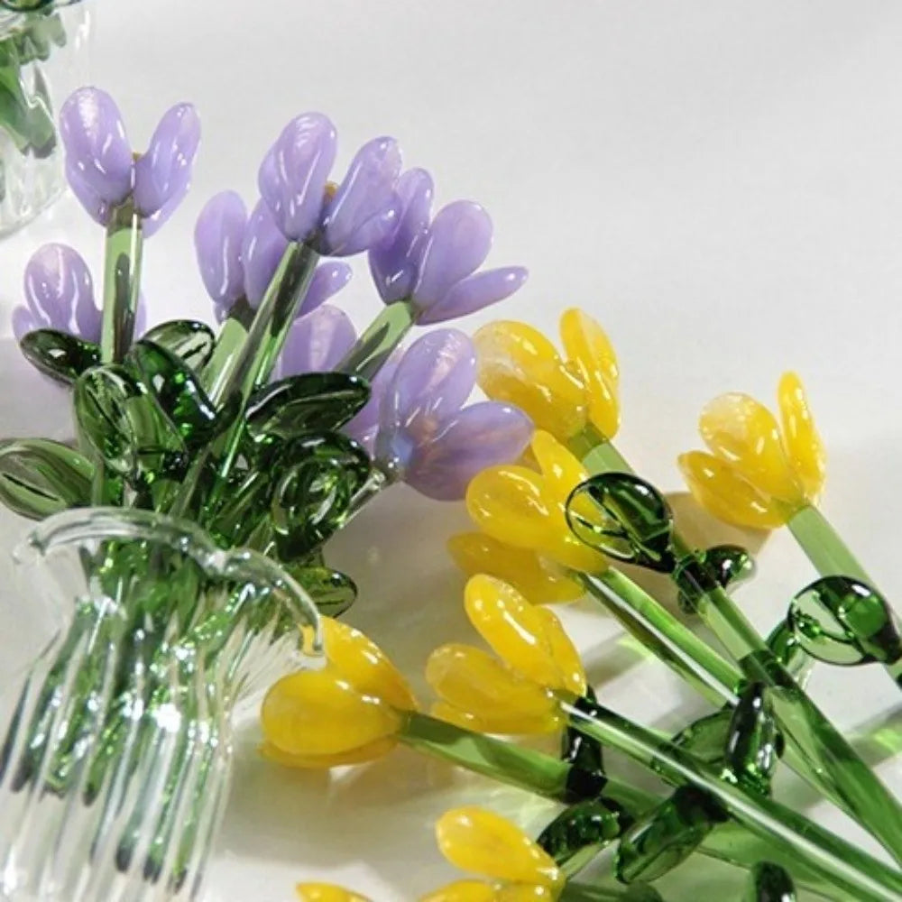 bouquet artificiel violet jaune vert blanc bleu orange feuilles vertes miniature vase transparent six