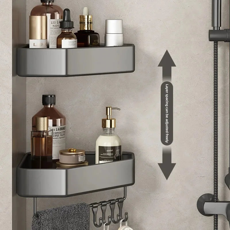 étagère salle bain moderne adhésive métal gris plat niveaux crochets rangement góc