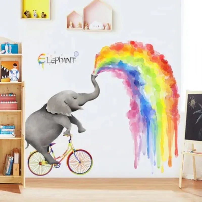 autocollant mural éléphant arc ciel dessin animé enfant chambre décoration intérieure pvc coloré illustration