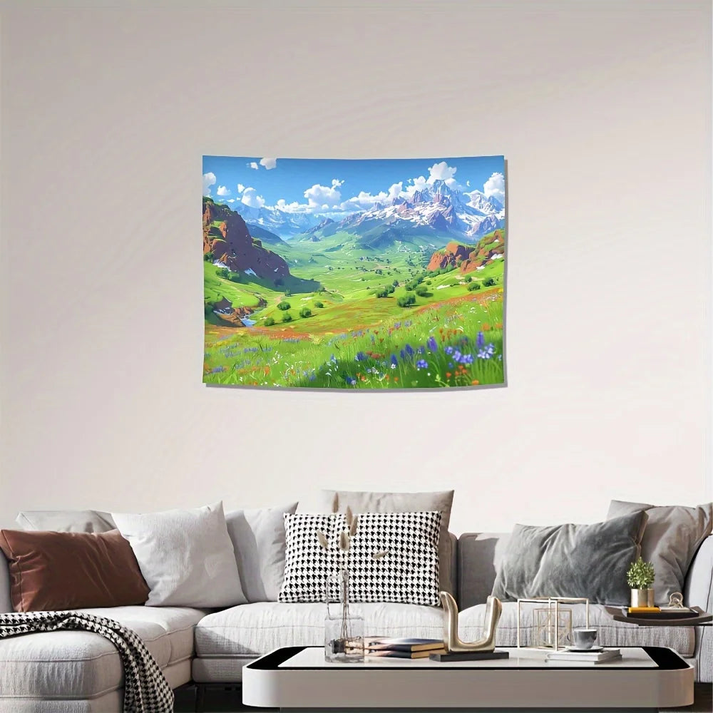 tapisserie paysage montagneux impression numérique polyester décoration murale chambre salon moderne vert bleu blanc