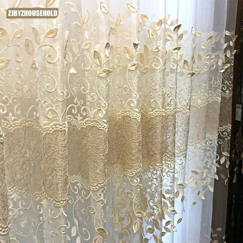 rideau tulle transparent broderie feuilles dorées beige classique salon chambre salon salle manger