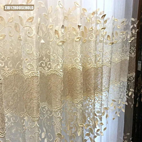 rideau tulle transparent broderie feuilles dorées beige classique salon chambre salon salle manger