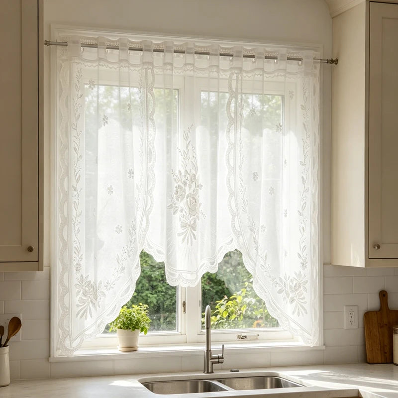 rideau blanc dentelle florale transparent salon rustique 170x227cm echangement tringle