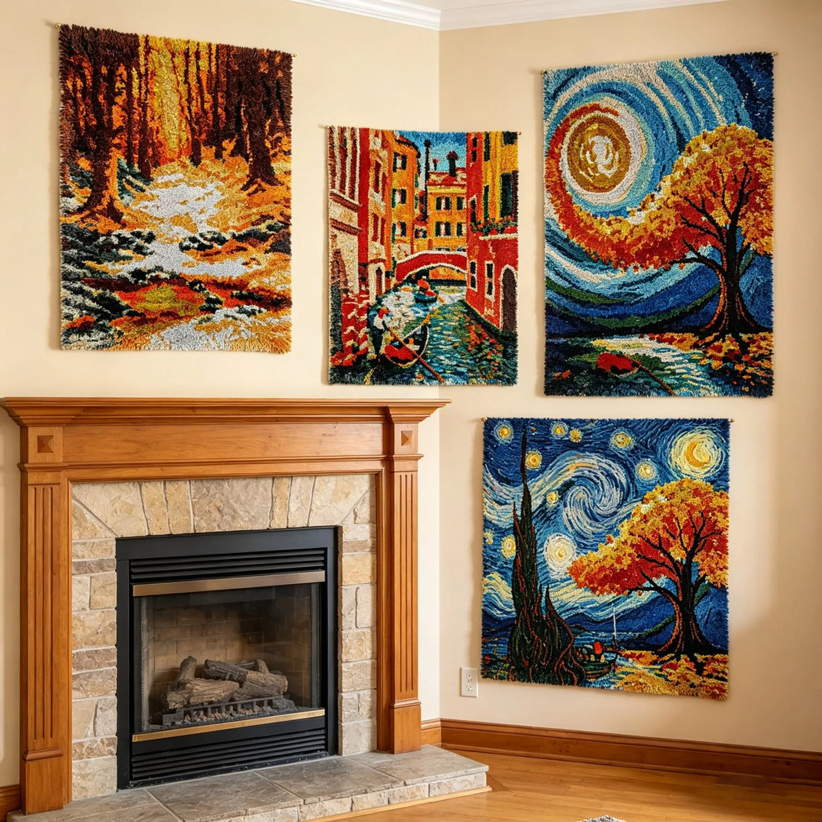 kit laine segmentée fabriquer tapis crochet paysage forêt montagne motif artisanal fait main