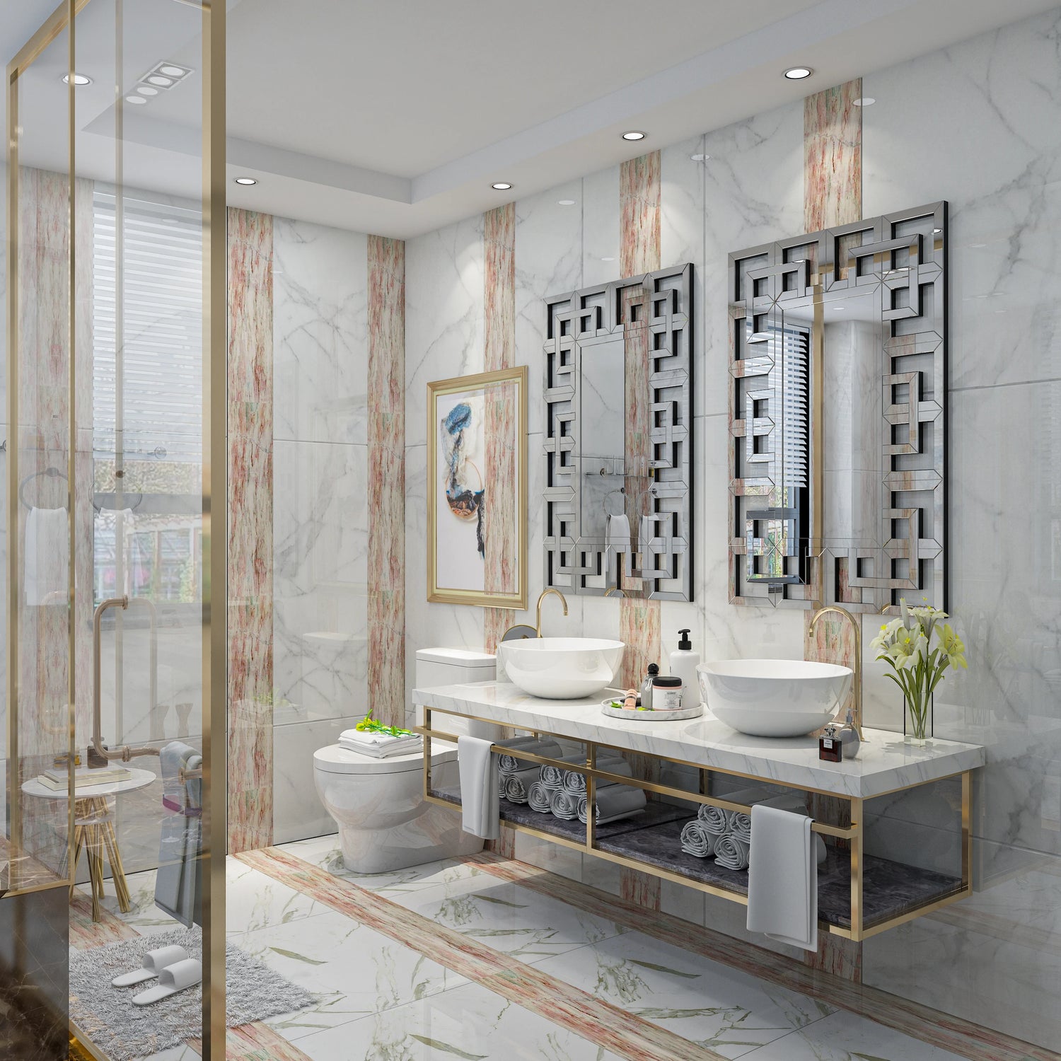 Détail du cadre géométrique argenté du miroir décoratif